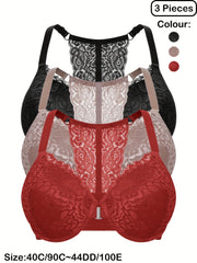 Plus Size Women's Front Closure Underwire Lace Racerback Bras Set of 3 Lightly Lined Floral Knit