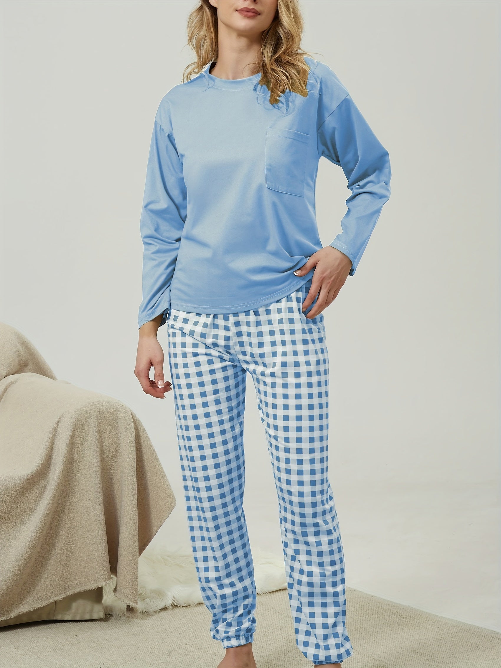 Women's Plaid Print Pajama Set with Crew Neck Top and Long Pants for Lounging