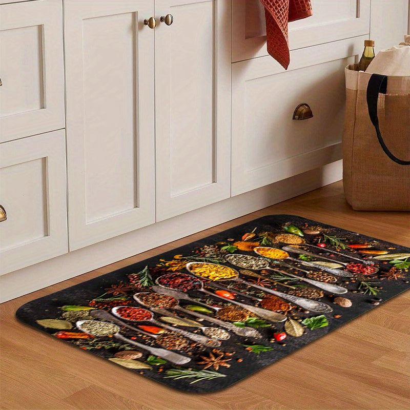 Spices and Cutlery Patterned Non-Slip Kitchen Floor Rug for Home Decor