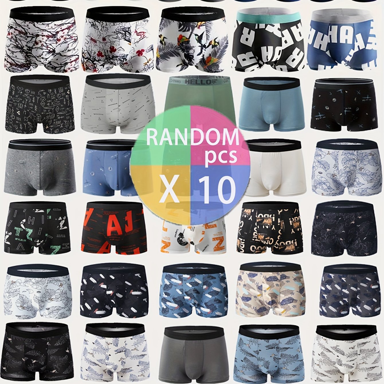 10-Piece Men's Printed Flat Angle Underwear Set Breathable Polyester Spandex