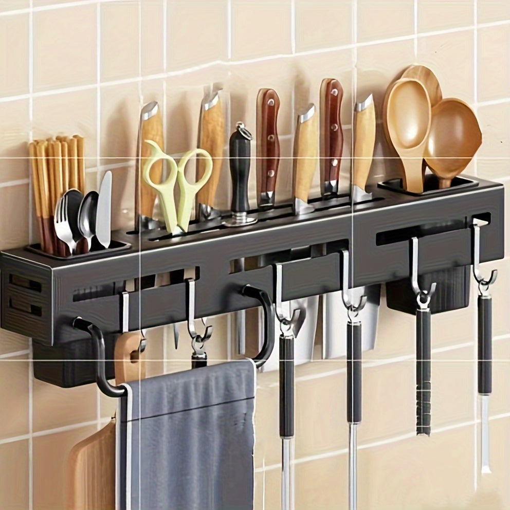 Wall-Mounted Carbon Steel Knife Rack with Hooks Towel Rod and Utensil Caddy