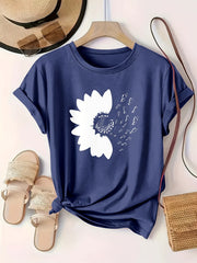 Plus Size Women's Cotton Casual Short Sleeve T-Shirt Black Floral Print