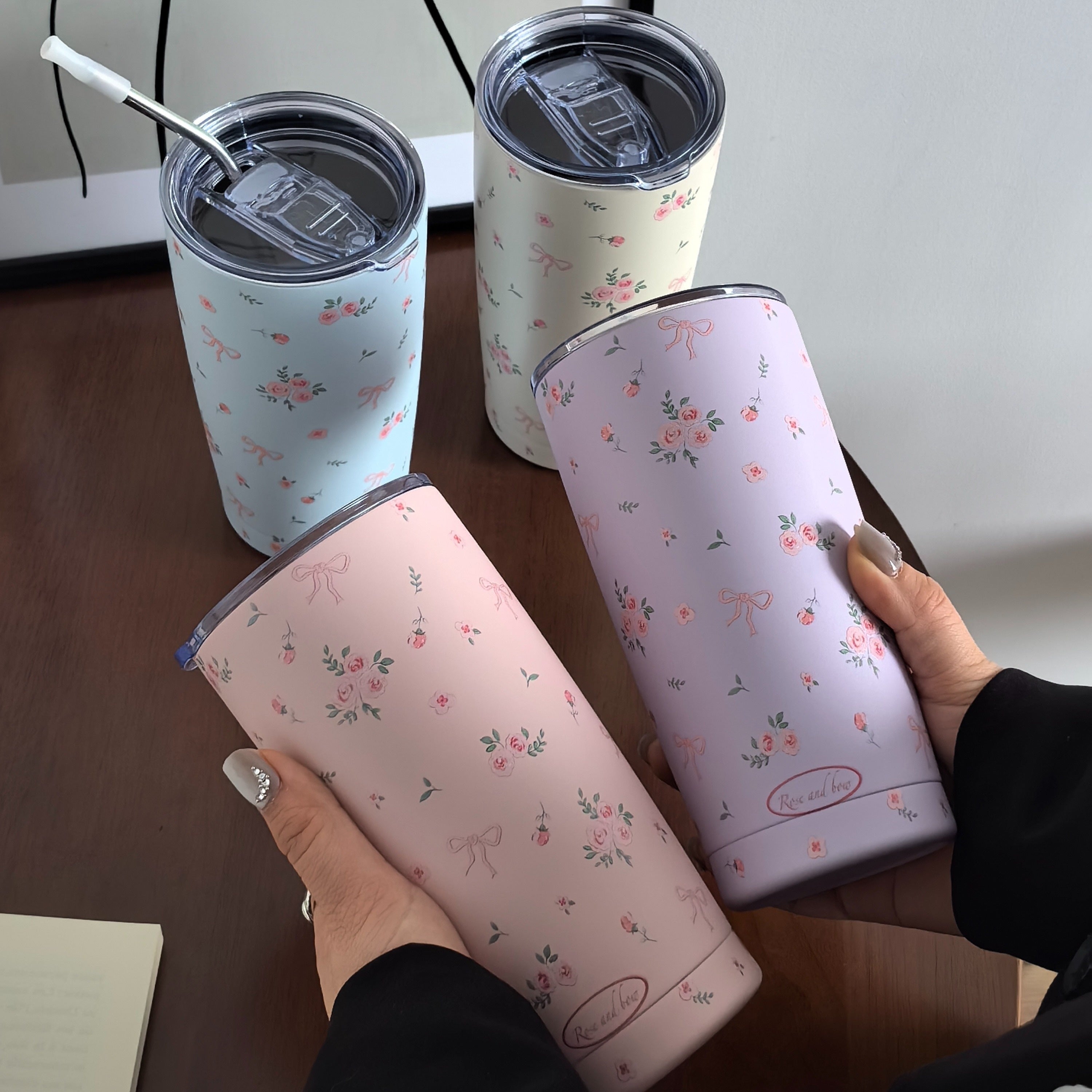 Insulated Stainless Steel Travel Mug with Rose Floral Butterfly Design Double Wall Hot Cold Beverage Tumbler
