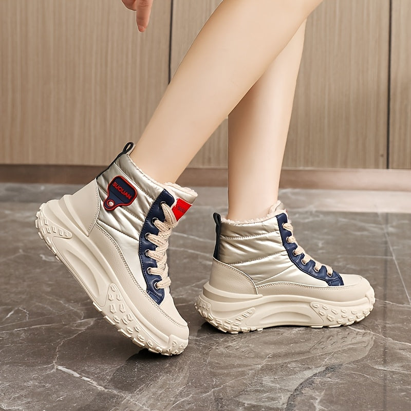 Women's Fleece-Lined Platform Ankle Boots Winter Casual Lace-Up Black Brown Beige