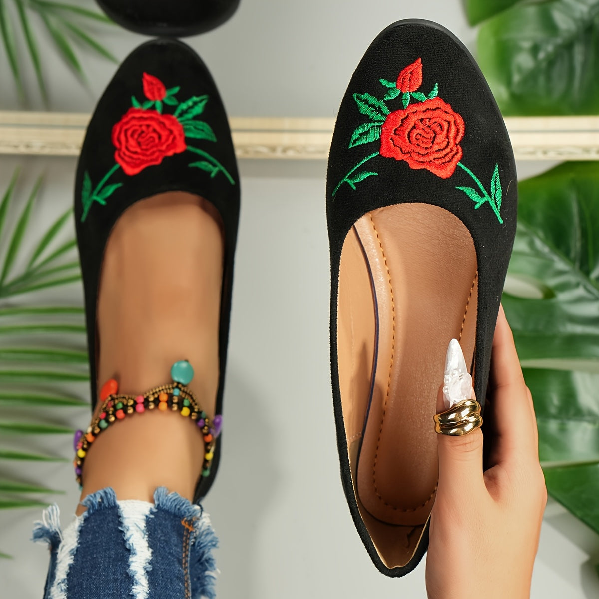 Ayollar uchun tikilgan peony balet flats slip-on Mary Jane poyabzal