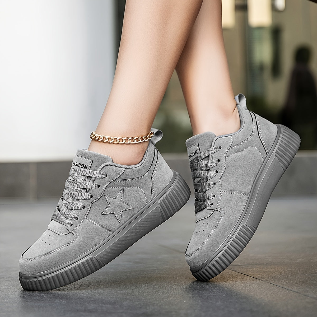 Women Minimalist Star Pattern Lace-Up Casual Sneakers Lightweight Low Top Shoes