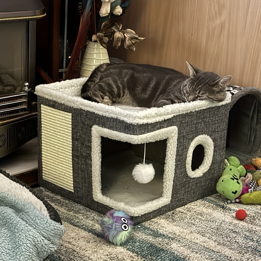 Double-Layered Cat Bed with Sisal Scratching Post Foldable Enclosed Design Large Space All-Season