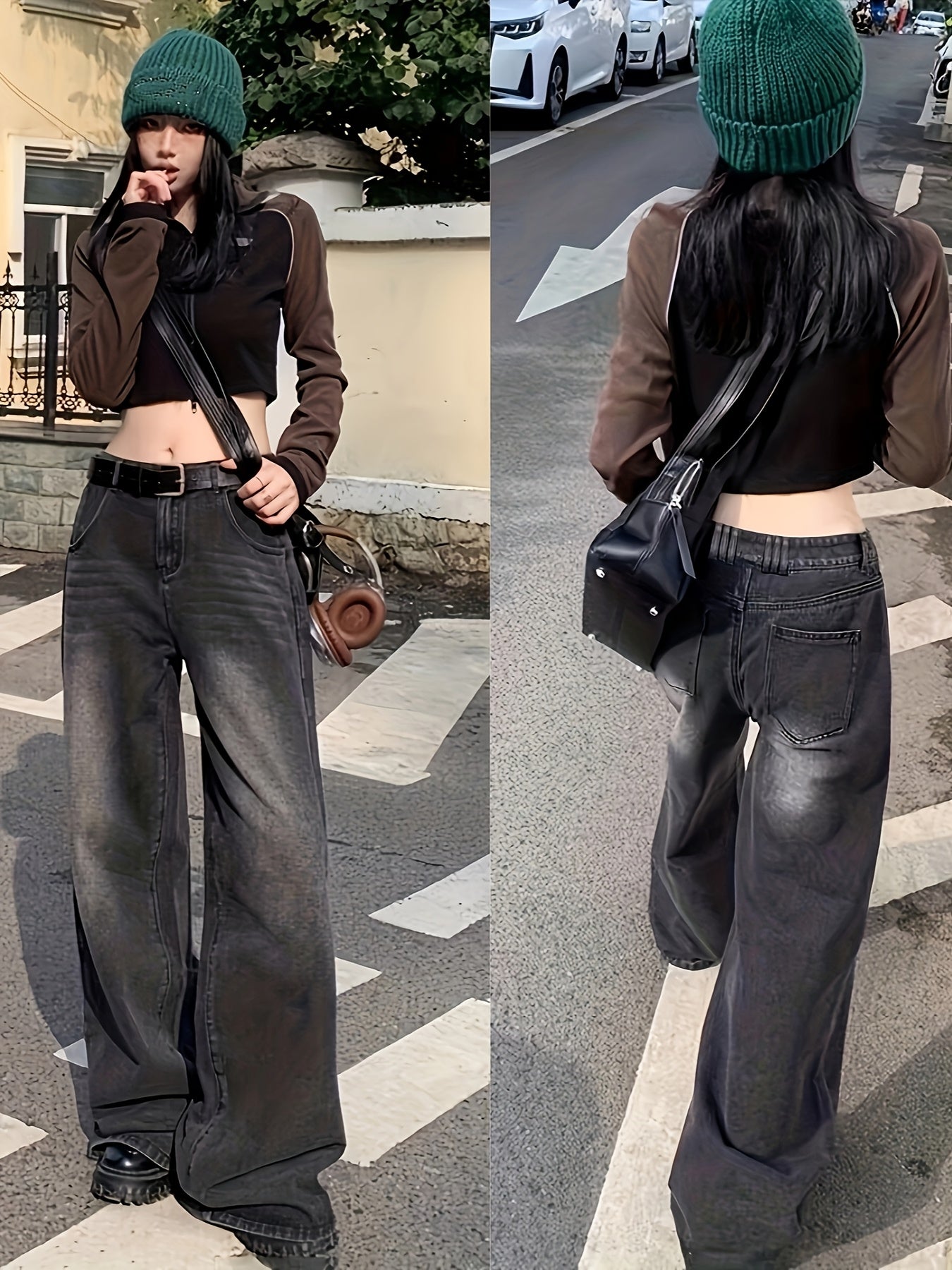 Ayollar uchun katta o'lchamli vintage yuqori bel keng bo'yinli keng yengli jinsilar, kundalik, buzilgan denim