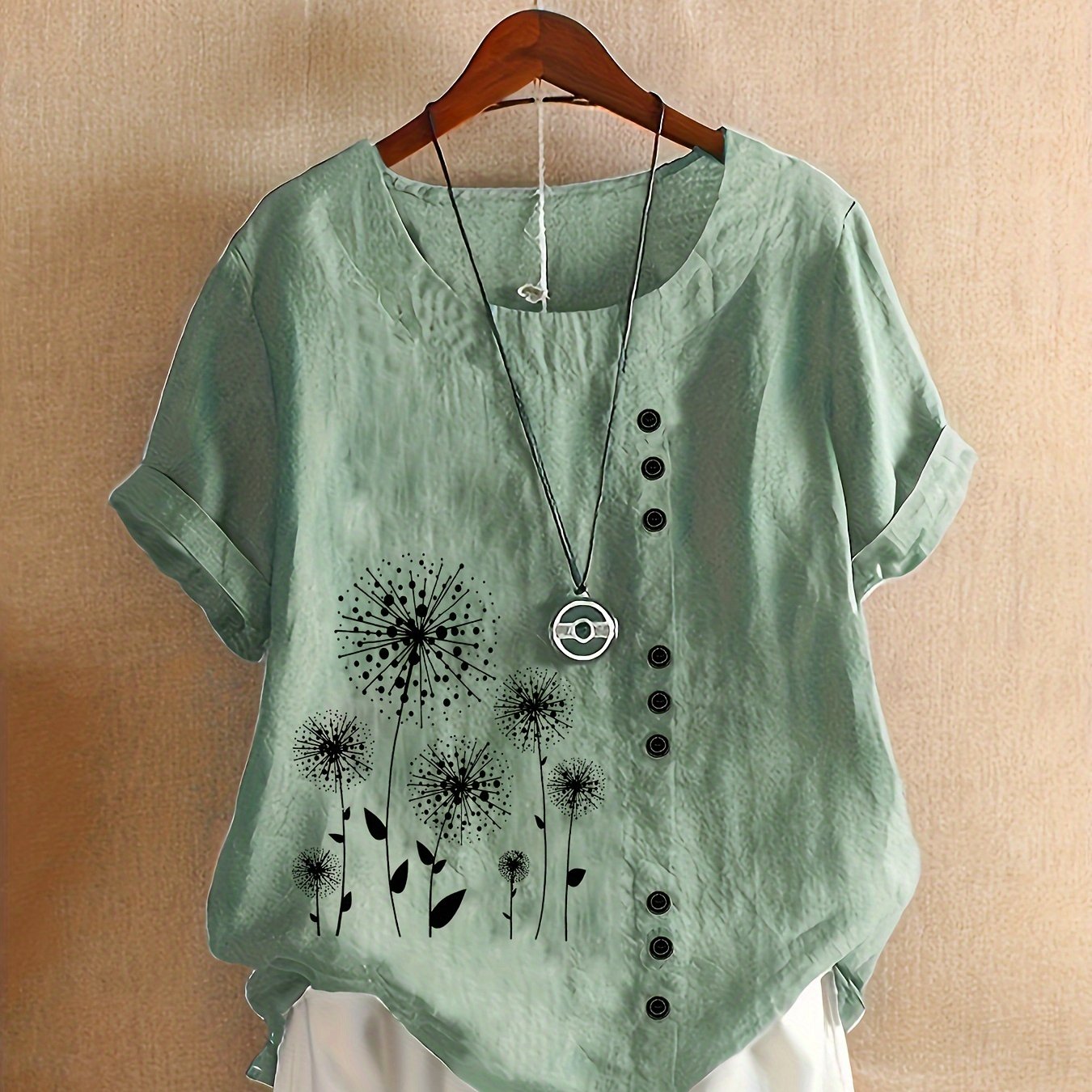 Plus Size Women's Floral Print Short Sleeve Blouse Polyester Blend Light Blue Casual Shirt