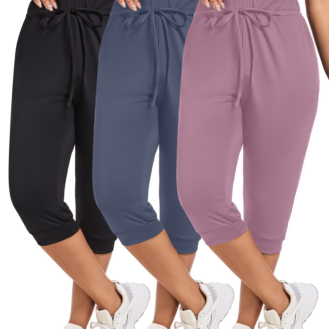 Plus Size Women's Yoga Capris Pack of 3 Maroon Drawstring Pockets Stretch Polyester