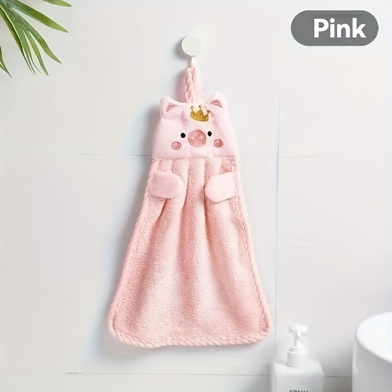 Absorbent Coral Velvet Hand Towel with Cartoon Pig Design for Kitchen Bathroom Living Room