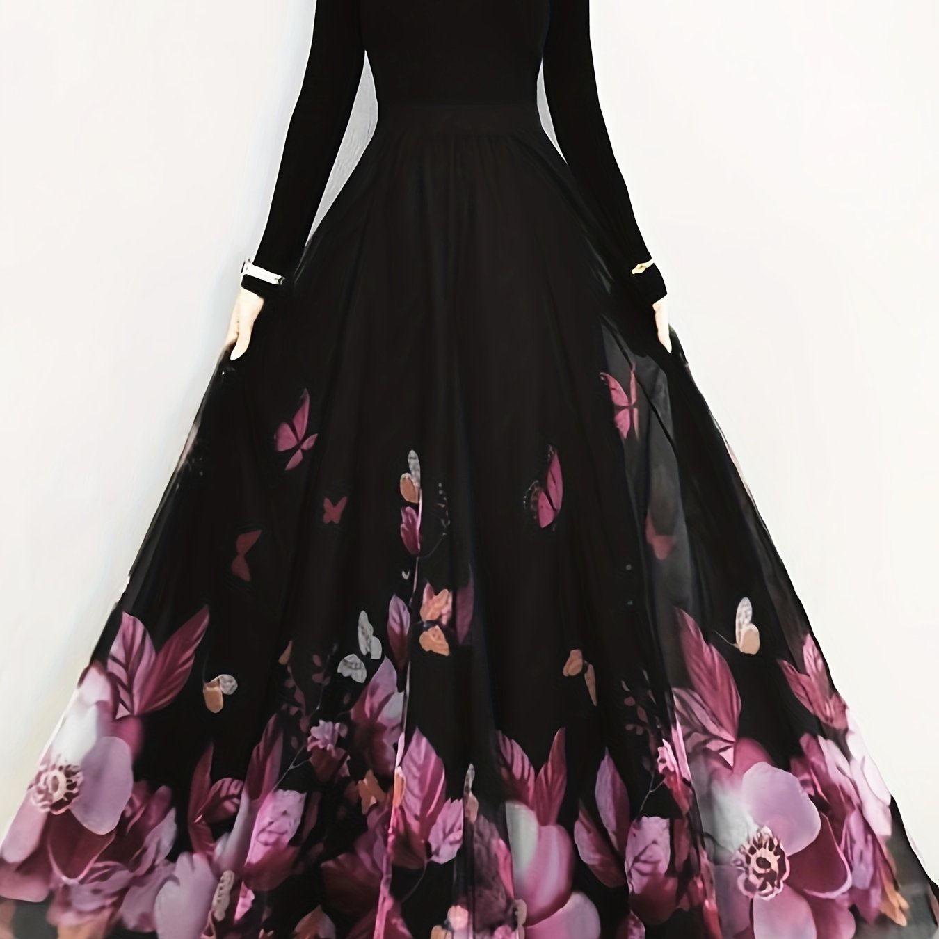 Women's Maxi Skirt with Floral and Butterfly Print Ruffle Hem Polyester All-Season