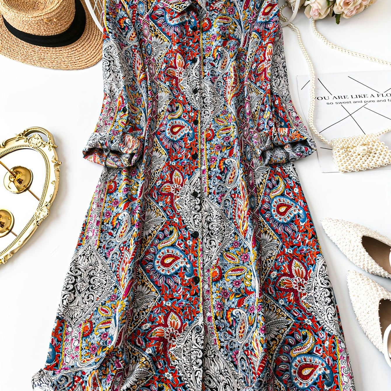 Plus Size Floral Blouse for Women Long Sleeve Button Collar Spring Fall Polyester Stretch