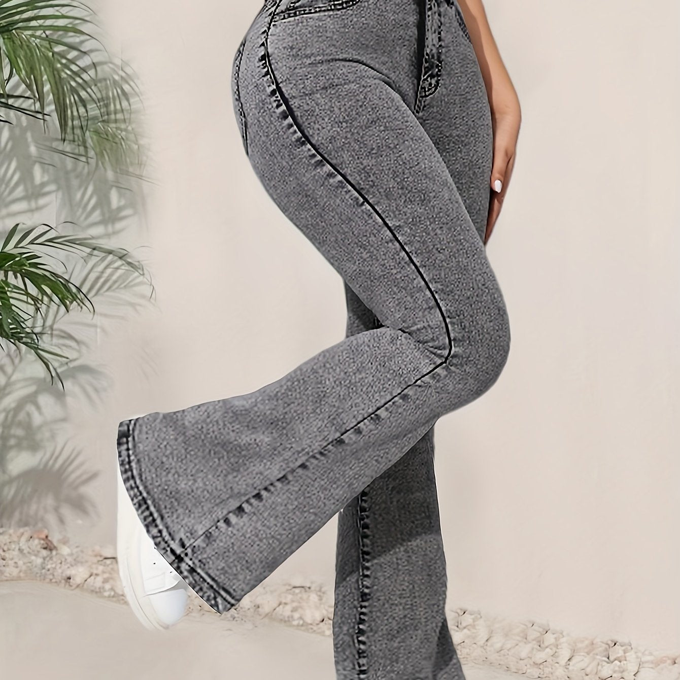 Women Light Gray Stretch Flare Jeans Casual Denim