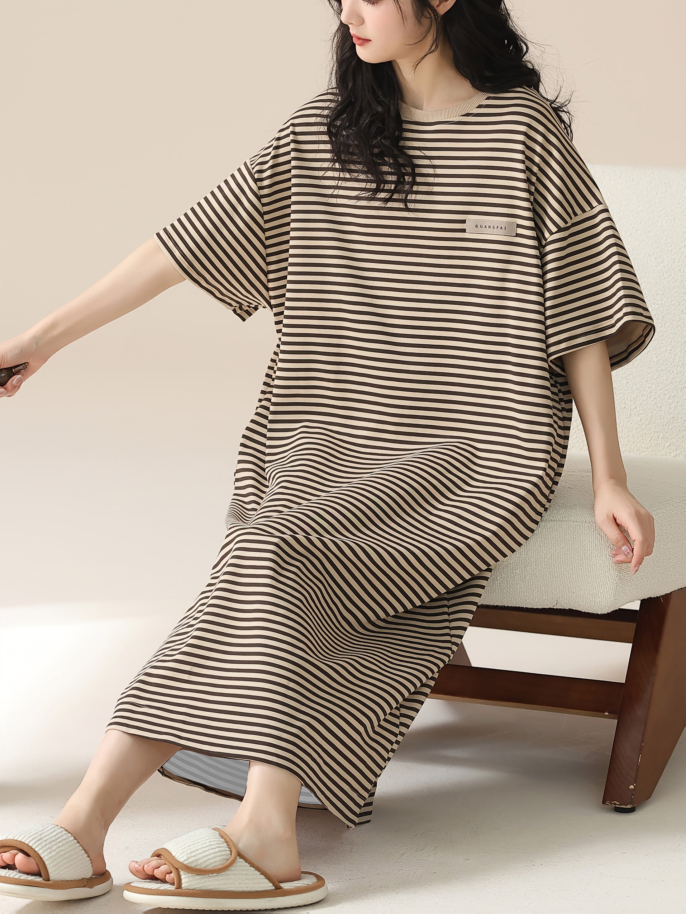 Plus Size Women's Sleep Dress Polyester Striped Long Lounge Wear