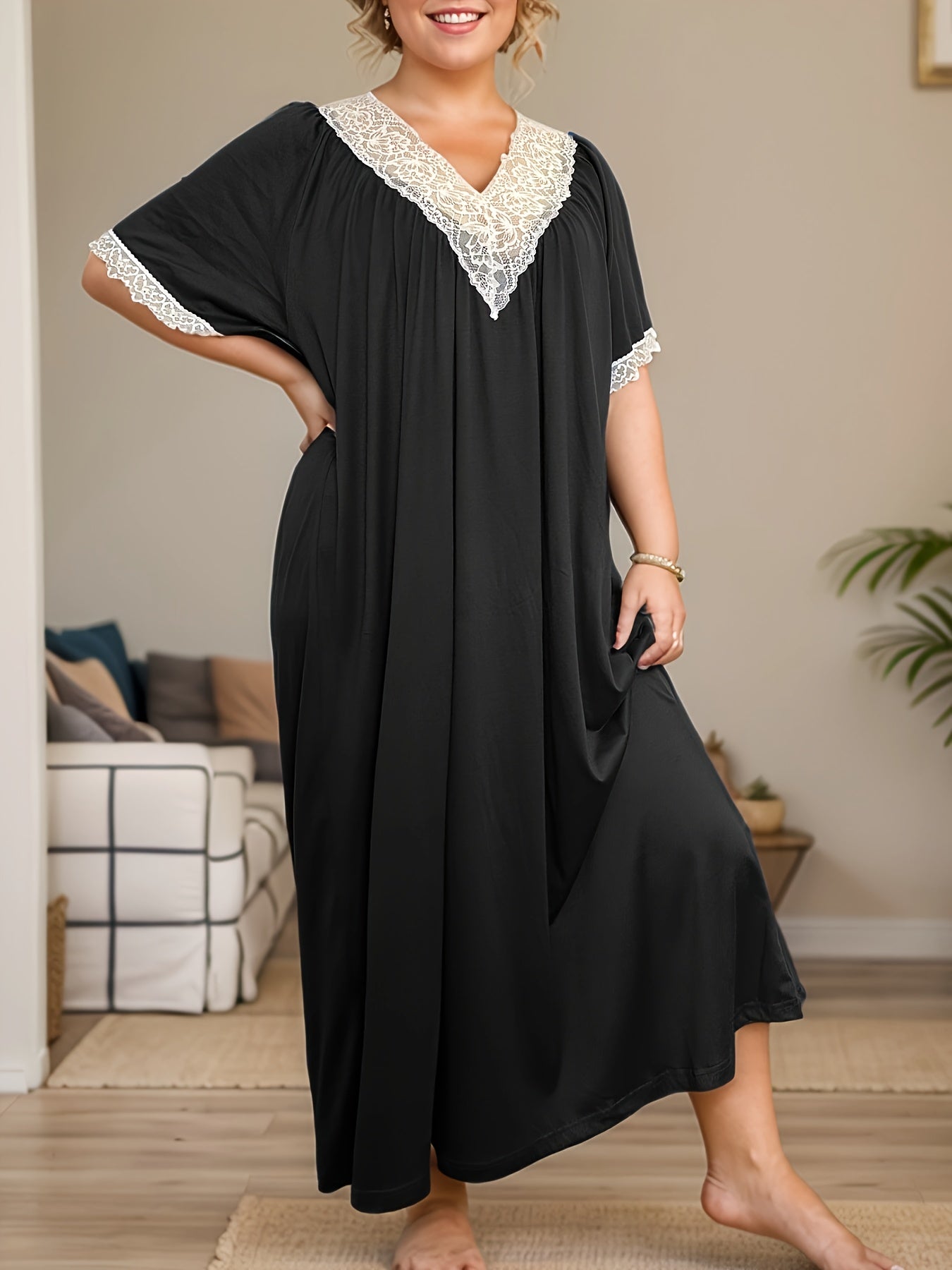 Women's Plus Size Black Midi Nightdress with White Lace V-Neck Sleepwear