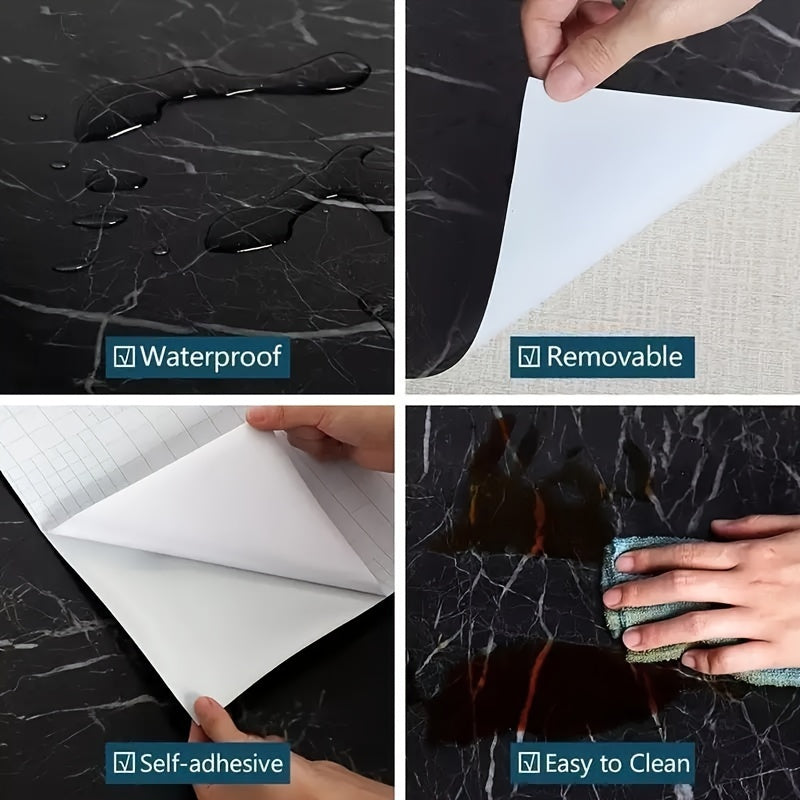 Black Marble Self-Adhesive Wallpaper Water-Resistant Peel & Stick for Kitchen Furniture