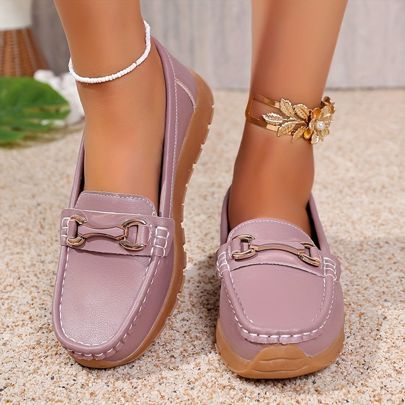 Women's Slip-On Loafers PU Cover Upper TPR Sole Metallic Buckle All-Season Flats