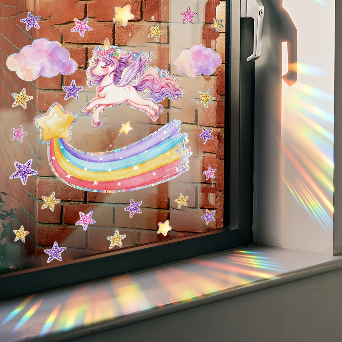 Reusable Rainbow Unicorn and Star Window Clings Matte PVC Static Decals for Glass