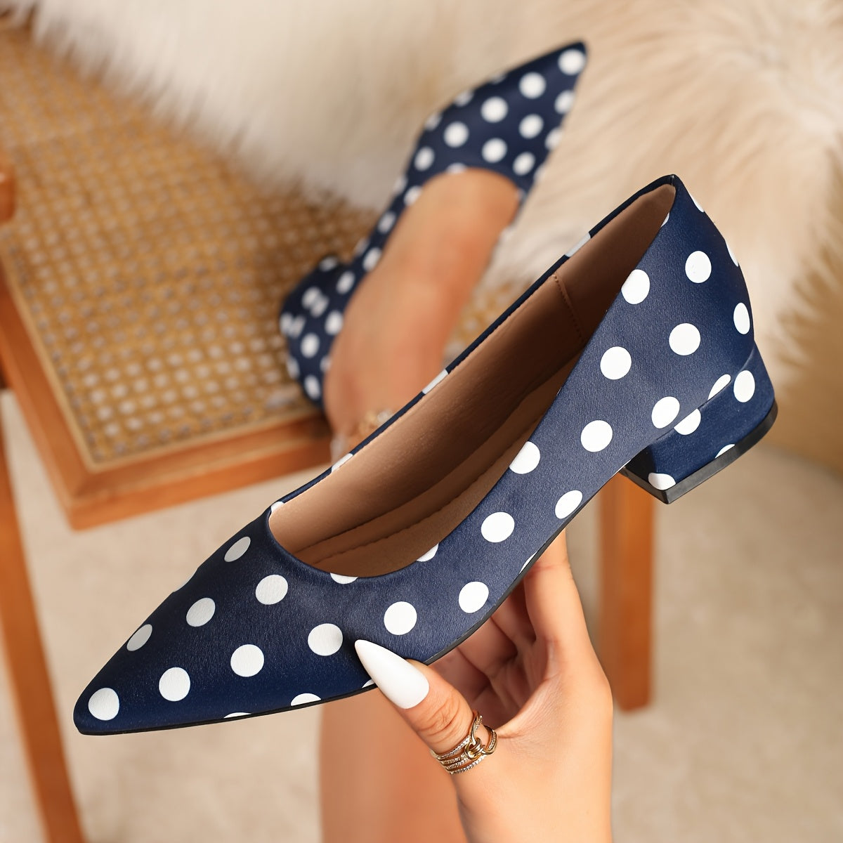 Women's Polka Dot Flats Synthetic Cover Rubber Sole Low Block Heel