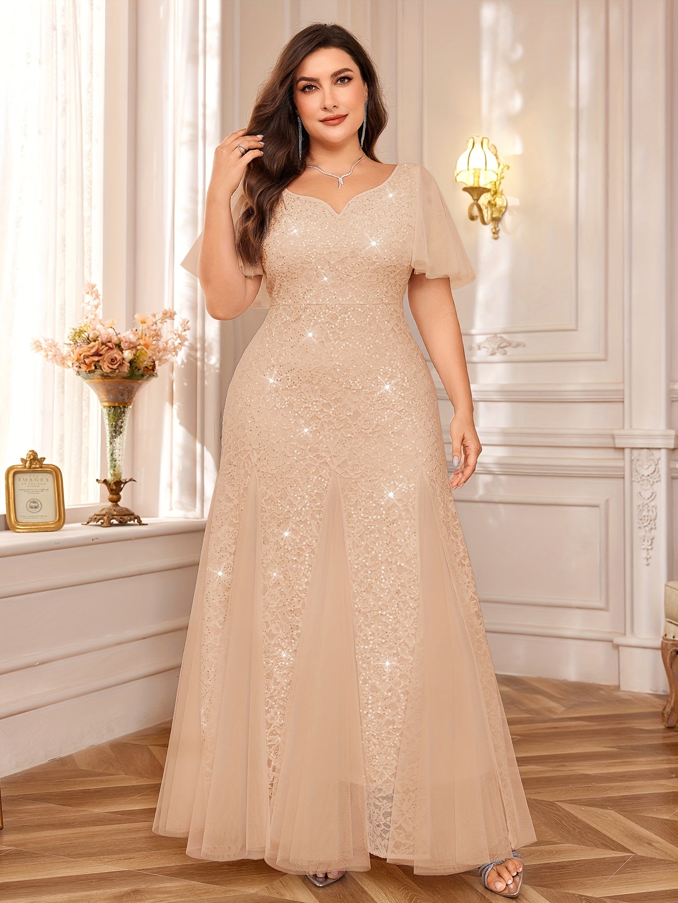 Vestido largo de encaje para mujer talla grande sin mangas con escote en V y dobladillo acampanado para boda