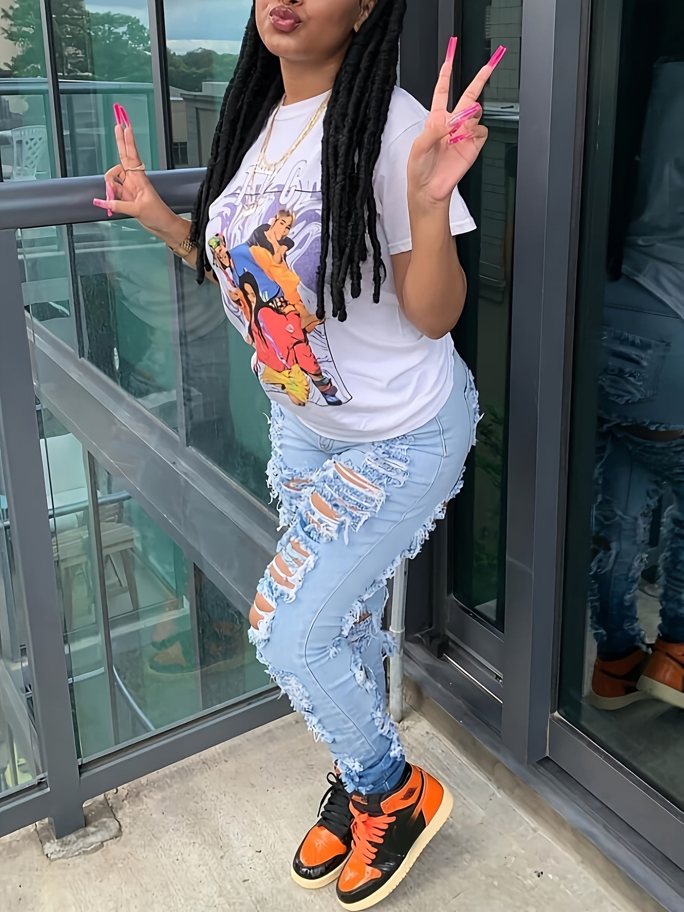 Jeans para mujer de corte casual ajustado, con alta elasticidad y talla grande, en color degradado