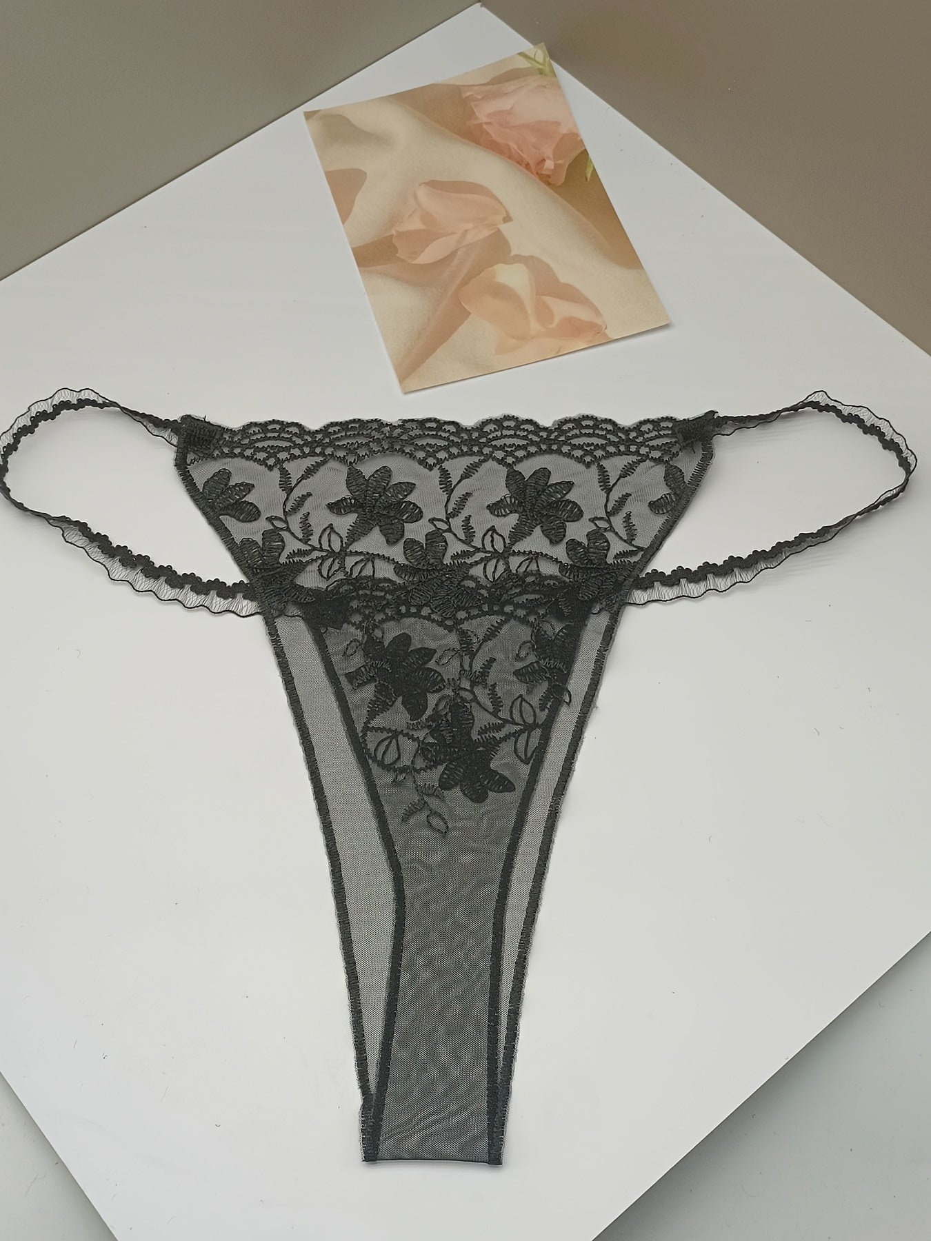 Pink Lace Thong with Floral Embroidery and Red Bow for Women