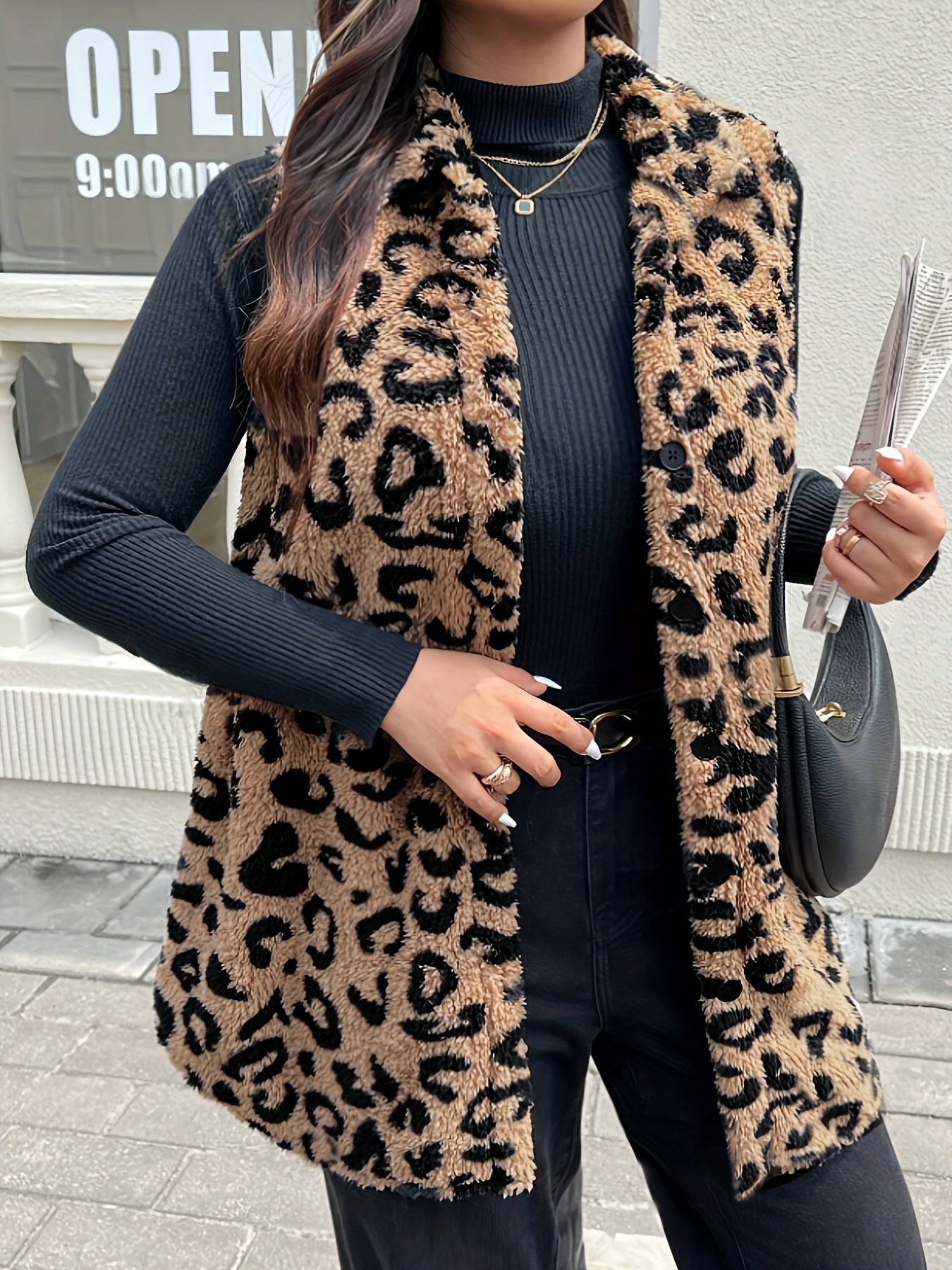 Туника-тедди с принтом леопарда большого размера с пуговицами спереди для осени и зимы для женщин