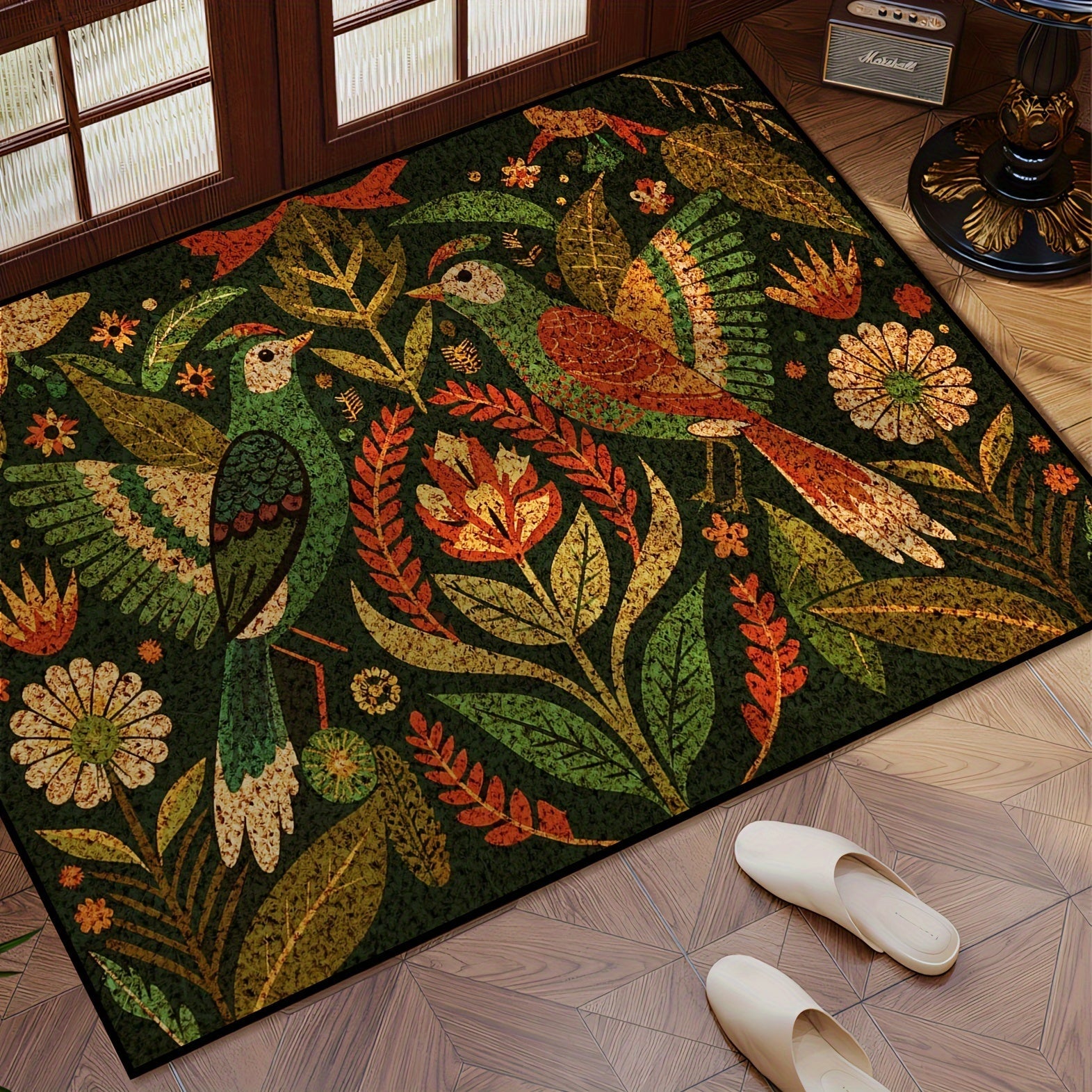 Green Bird Door Mat Non-Slip Washable Wear-Resistant Entryway Rug