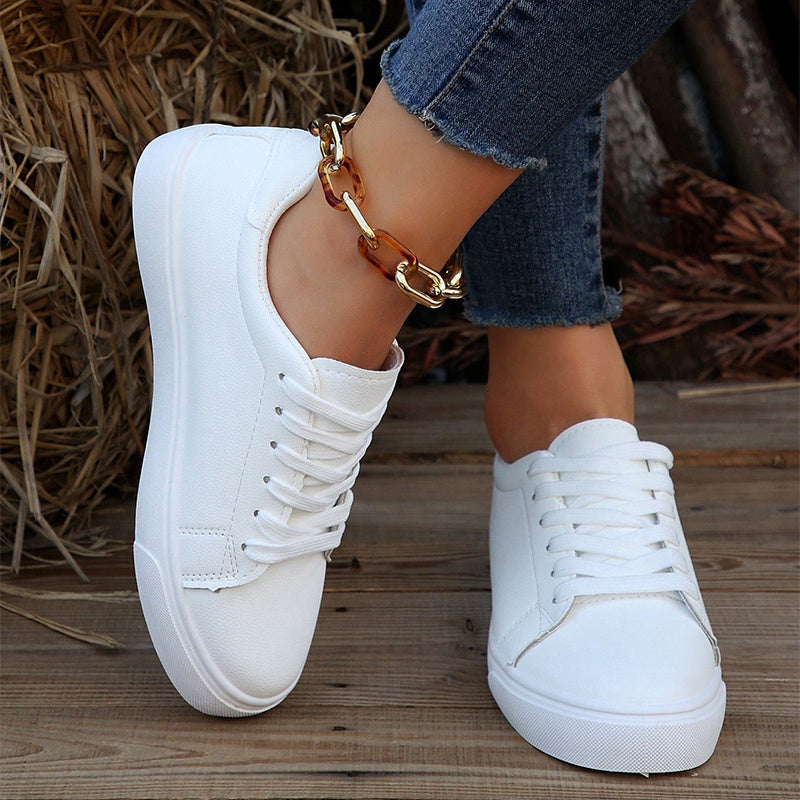 Women's White Low Top Sneakers Lace Up Comfortable Athletic Shoes