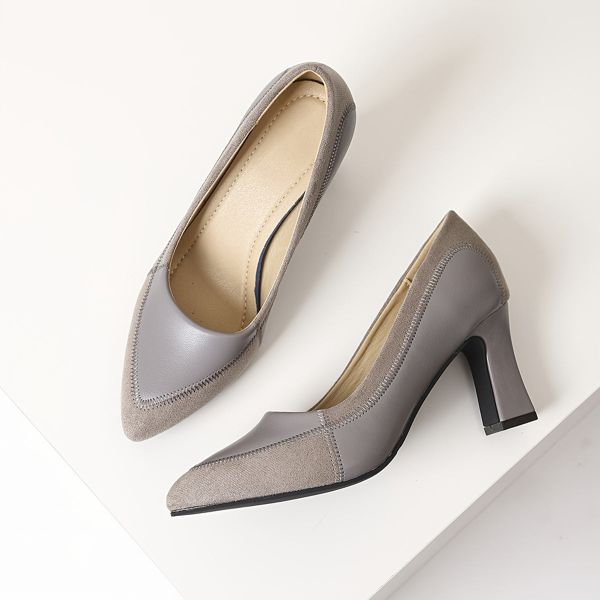 Women’s Spring Pointed Toe Mary Jane Heels Synthetic Cover Embroidery Gray