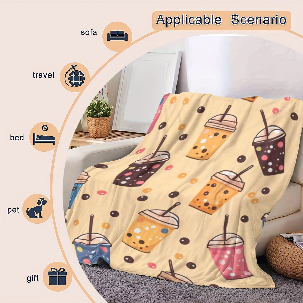 Modern Boba Tea Cartoon Bubble Pattern Flannel Throw Blanket Soft Lightweight for Bed Sofa