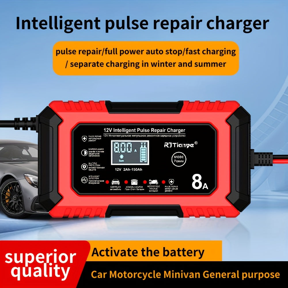 12V 8A Smart Pulse Battery Charger with LCD Display for Car Motorcycle Lead-Acid Gel AGM