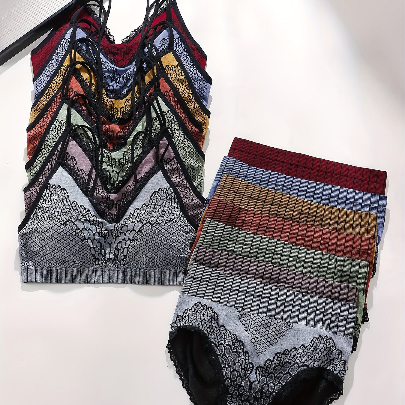 7-Piece Ribbed Color Block Lingerie Set for Women with Cami Bra and Panties