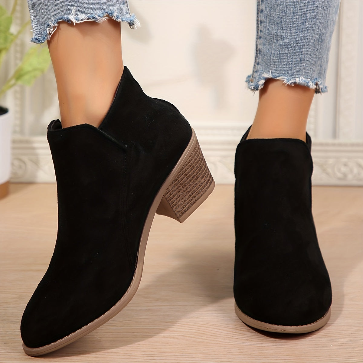 Women's Suedette Ankle Boots with Chunky Heel and Pointed Toe