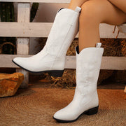Women's Faux Leather Cowboy Boots White Floral Print Chunky Mid-Heel