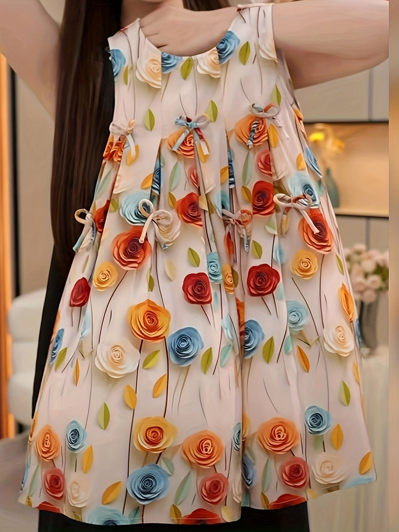 Girls' Summer Floral Sleeveless Dress with Hat for Beach and Casual Wear