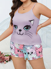 Plus Size Women's Cotton Cat Print Camisole Shorts Set