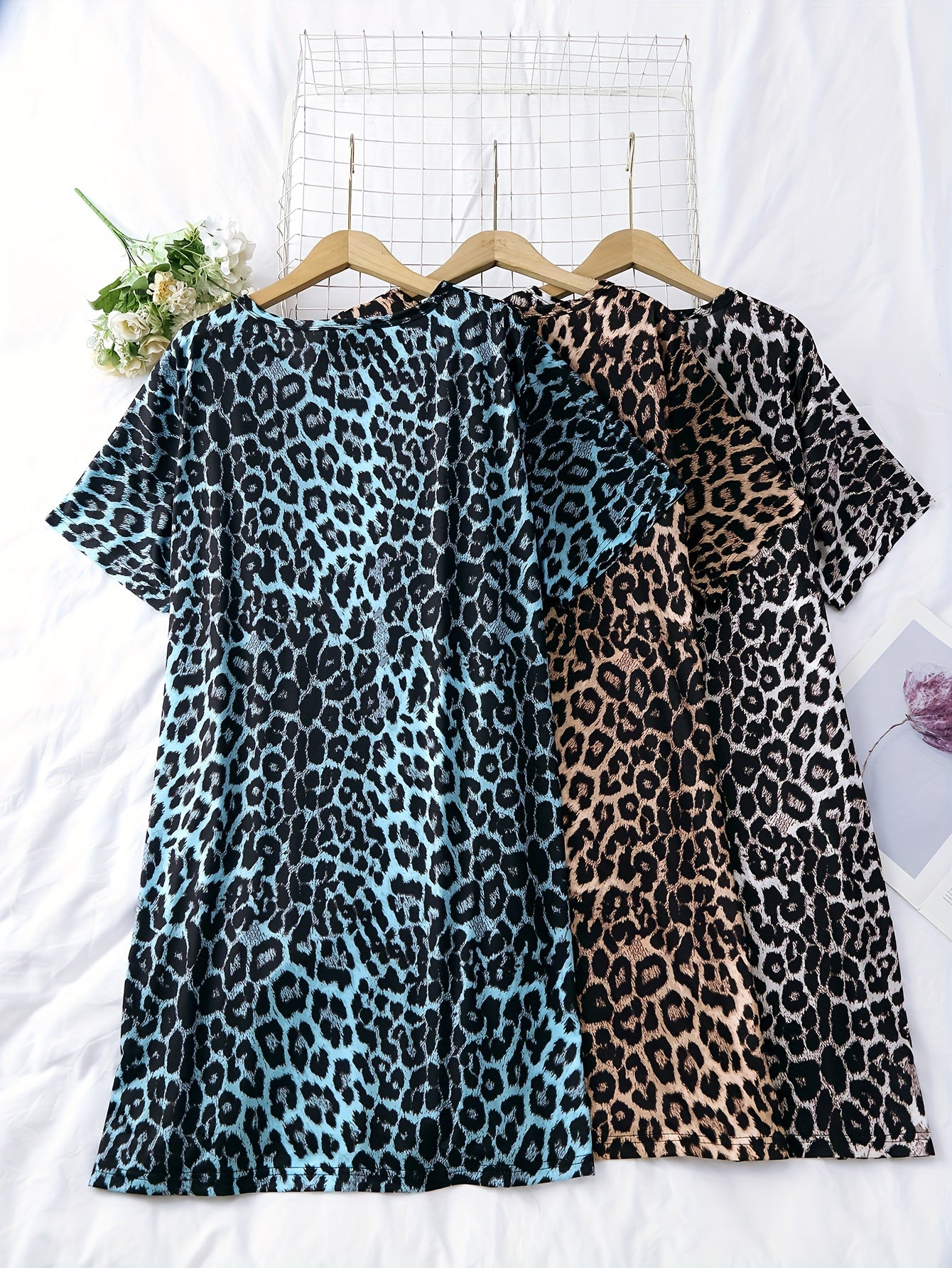 Women Leopard Print Short Sleeve Dresses Polyester Elastane Nightwear