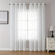 White Grommet Top Sheer Curtains with Embroidered Trellis for Living Room and Bedroom