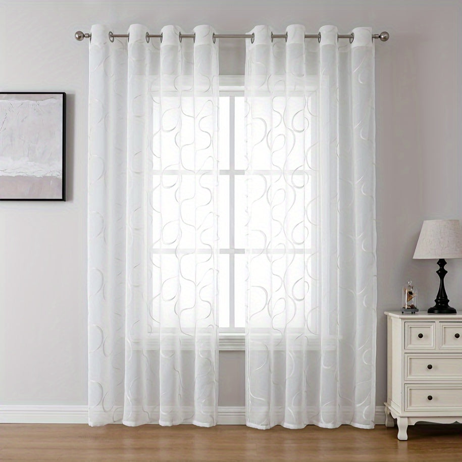 White Grommet Top Sheer Curtains with Embroidered Trellis for Living Room and Bedroom