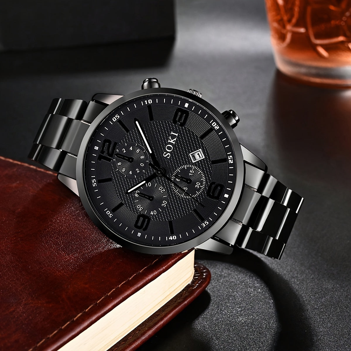 Men's Quartz Watch Set with 4 Pieces Alloy Case Stainless Steel Strap Calendar Non-Waterproof Electronic Movement