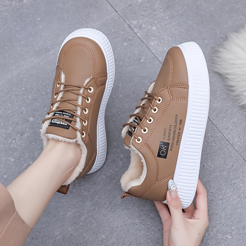 Women's Plush-Lined Synthetic Casual Sneakers Winter Warmth Thick Sole
