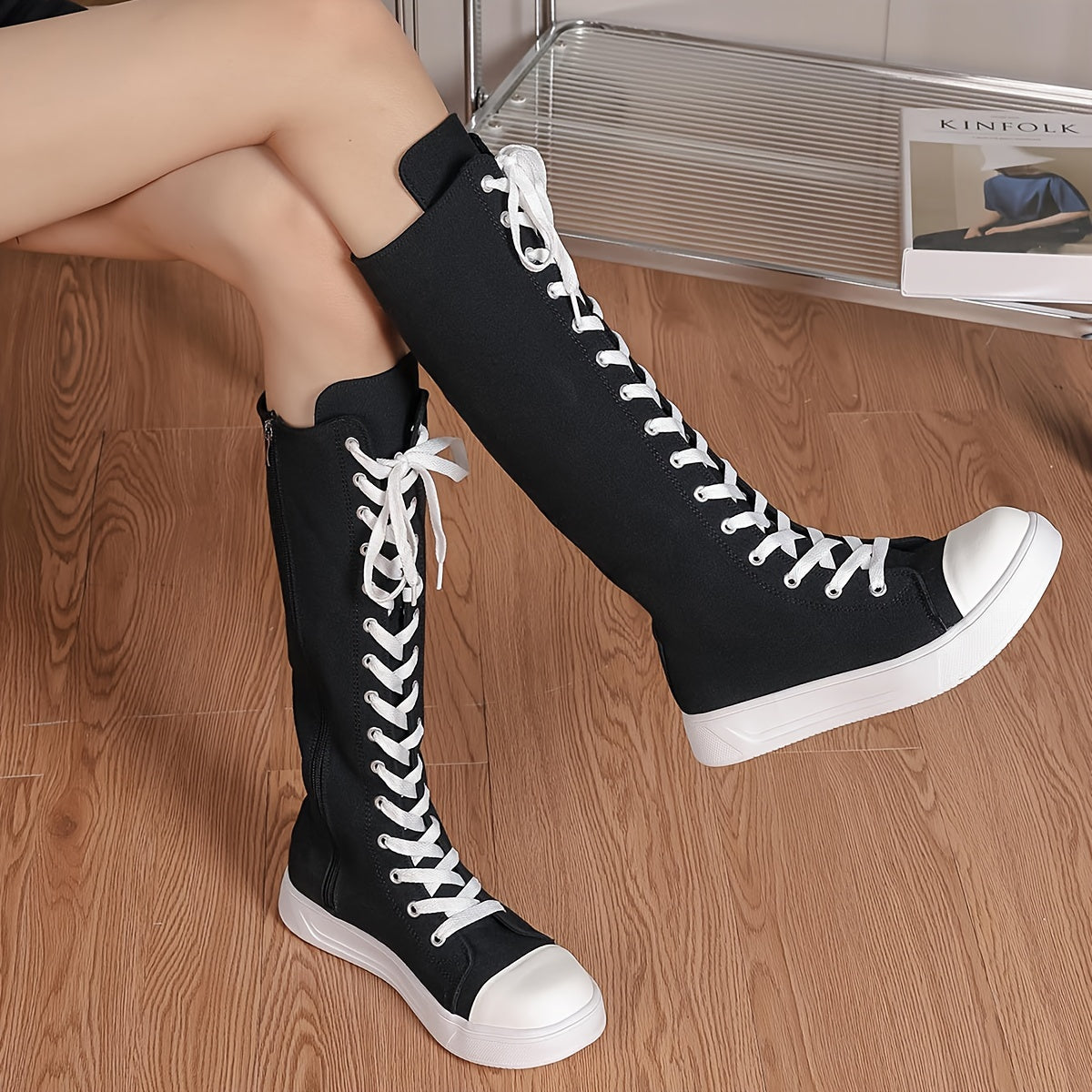 Women's Solid Color Slim Knee High Boots Side Zipper Platform Lace Up