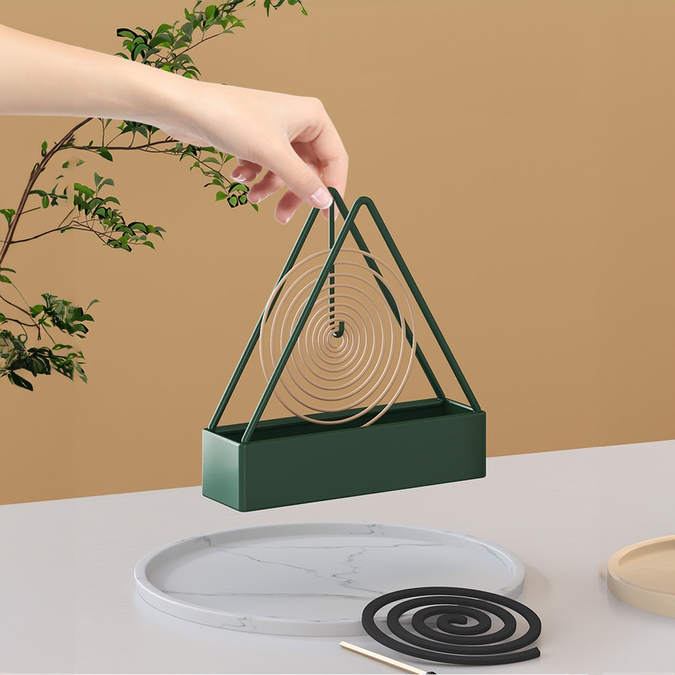 Black and Green Metal Triangle Mosquito Coil Holder with Spiral Design for Indoor and Outdoor Use