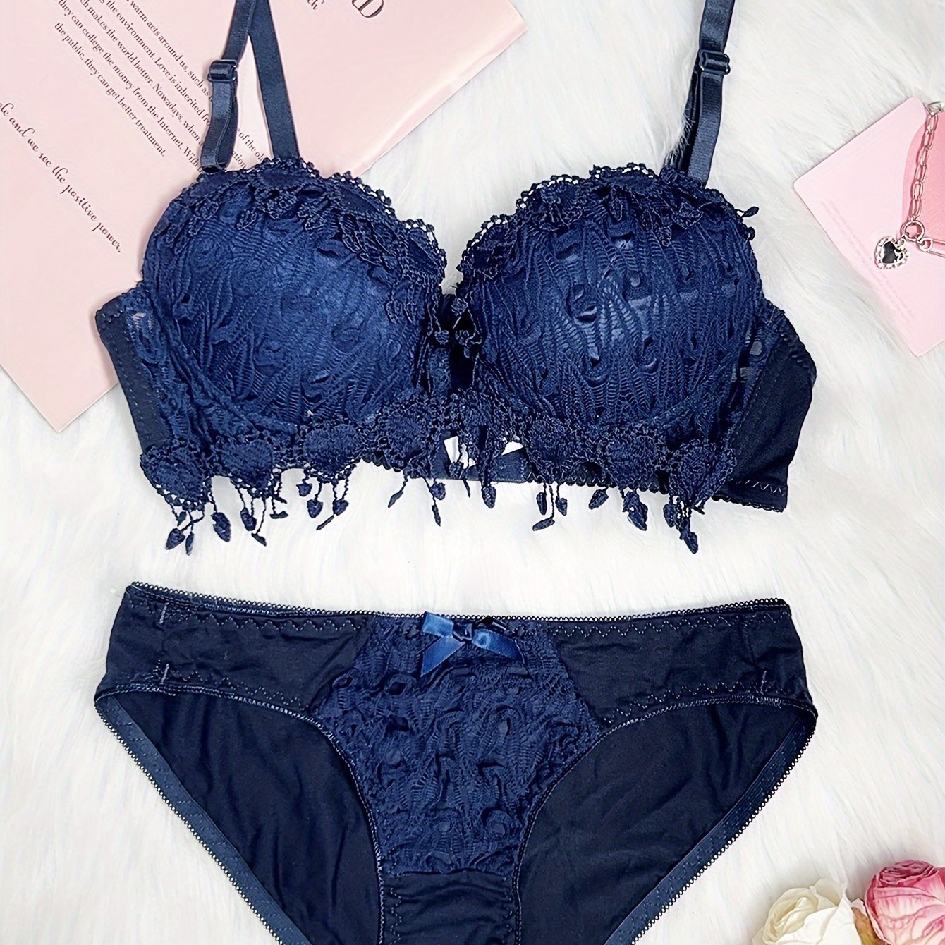 Women Red Heart Embroidery Lingerie Set with Push-Up Bra and Removable Pads