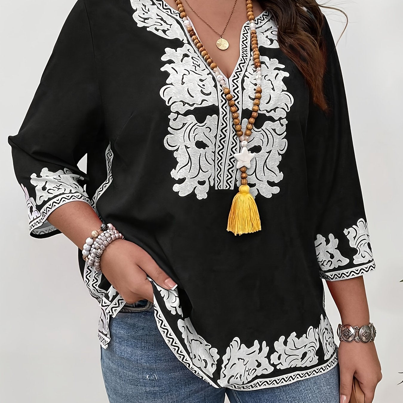 Women's Floral Print V-Neck Long Sleeve Blouse Polyester Spandex Stretchy All-Season