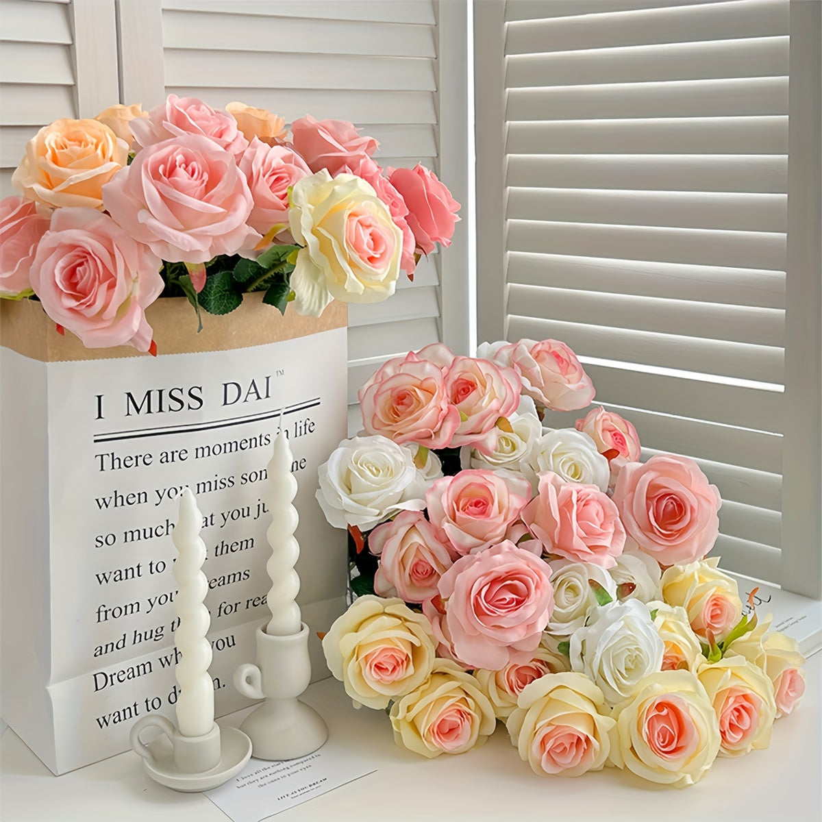 10 Faux Roses Artificial Flowers for Wedding Decor and Home Centerpieces 51cm