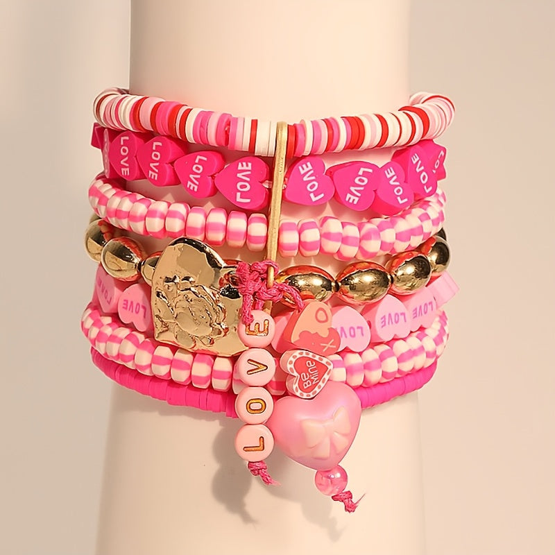 Pink Beaded Valentine's Day Bracelet with Heart Pendant and Multi-Layered Design