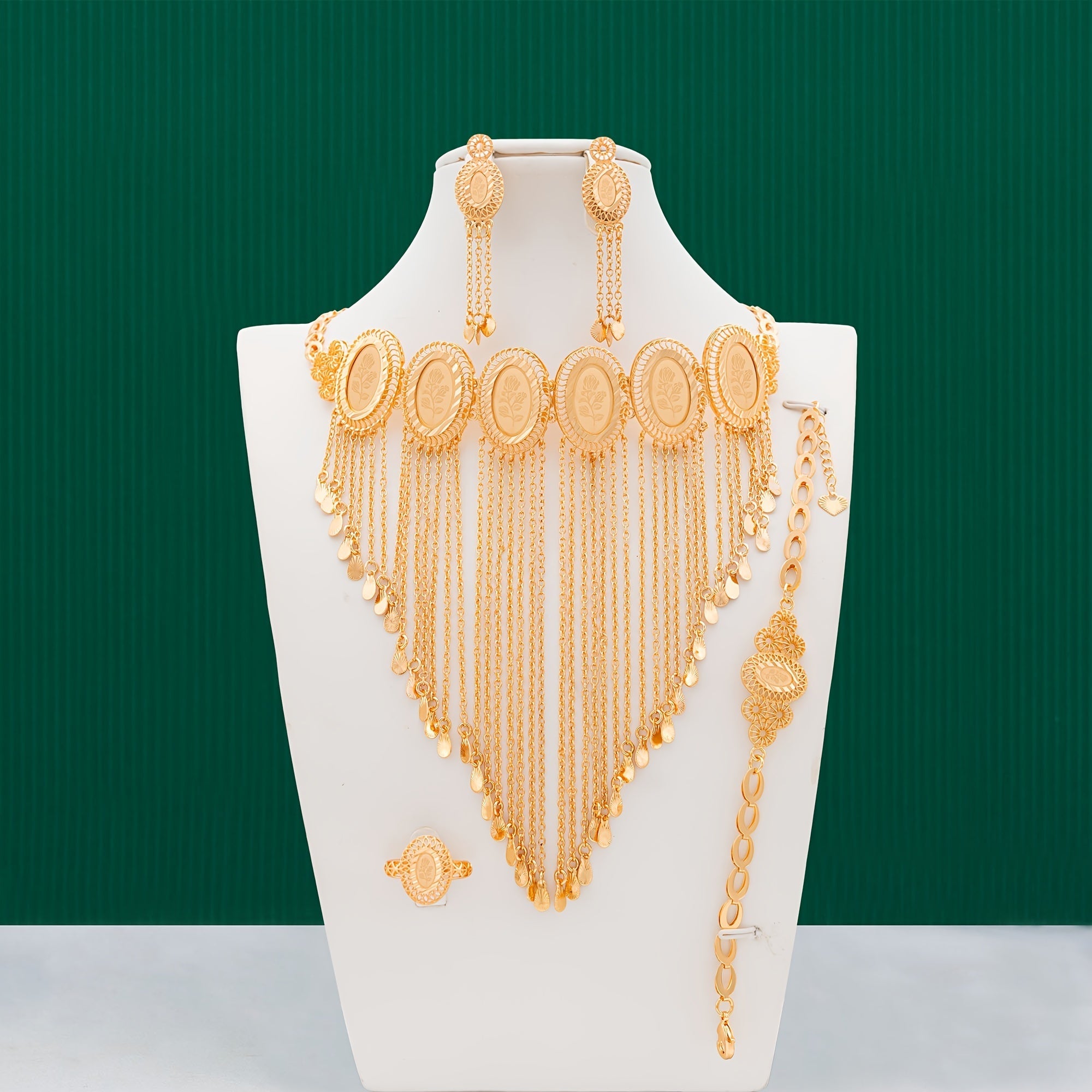 Изысканный набор ювелирных изделий с кисточками и розовым принтом в арабском стиле - изготовлен из высококачественной меди и прочного шампанского покрытия - идеальная коллекция для невест на свадьбы, банкеты и празднования Рамадана - включает 5 предметов.